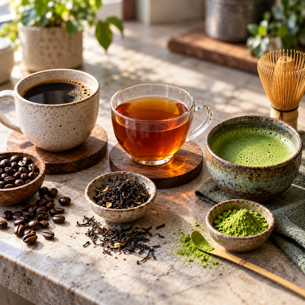 Cafeïne in thee, koffie en matcha vergeleken in drie kopjes