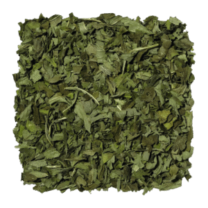 Losse blaadjes van LOOOM Emerald Echo mint infusion: gedroogde groene muntblaadjes
