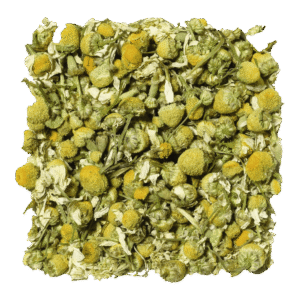 Losse blaadjes van LOOOM Golden Hush camomile infusion: gedroogde kamillebloemetjes met gele hartjes