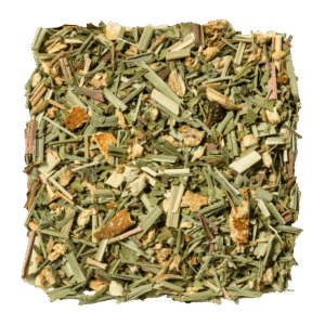 Losse blaadjes van LOOOM Inner Fire ginger infusion: citroengras, gemberstukjes en sinaasappelschil