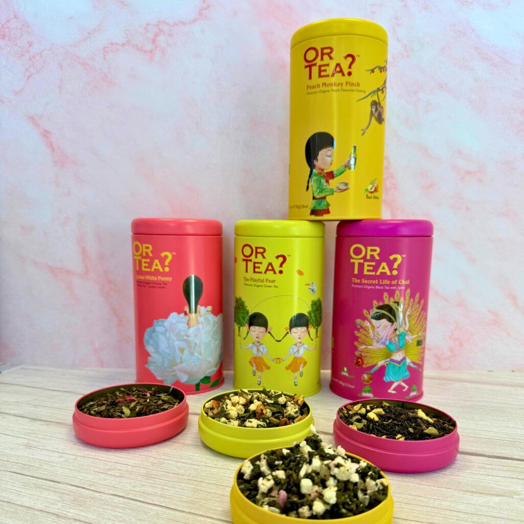 Or Tea? vernieuwde smaken – kleurrijke theeblikken met Lychee White Peony, Playful Pear, Peach Monkey Pinch en The Secret Life of Chai
