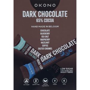 OKONO Dark Chocolate 65% cacao flyer A5 met smakenoverzicht en aanduiding x10 – set van 10 flyers.