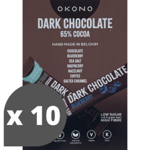 OKONO Dark Chocolate 65% cacao flyer A5 met smakenoverzicht en aanduiding x10 – set van 10 flyers.