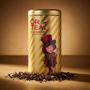 Or Tea? Billie Bonkers, chocolate truffle black tea: gouden gestreept blik met een figuur met hoge hoed