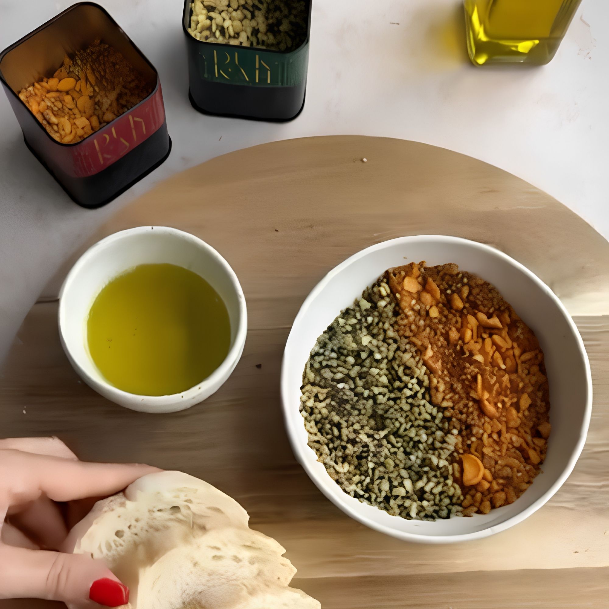 Dukkah met olijfolie en brood om in te dippen