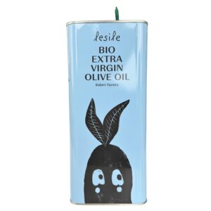 Blik van 5 liter biologische extra vierge olijfolie van Lesile, gemaakt van Kolovi olijven uit Lesvos