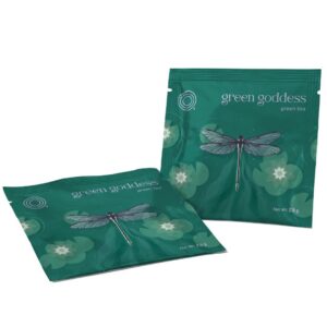 LOOOM Green Goddess green tea: twee zakjes van 2,5 g met een libelle op de verpakking